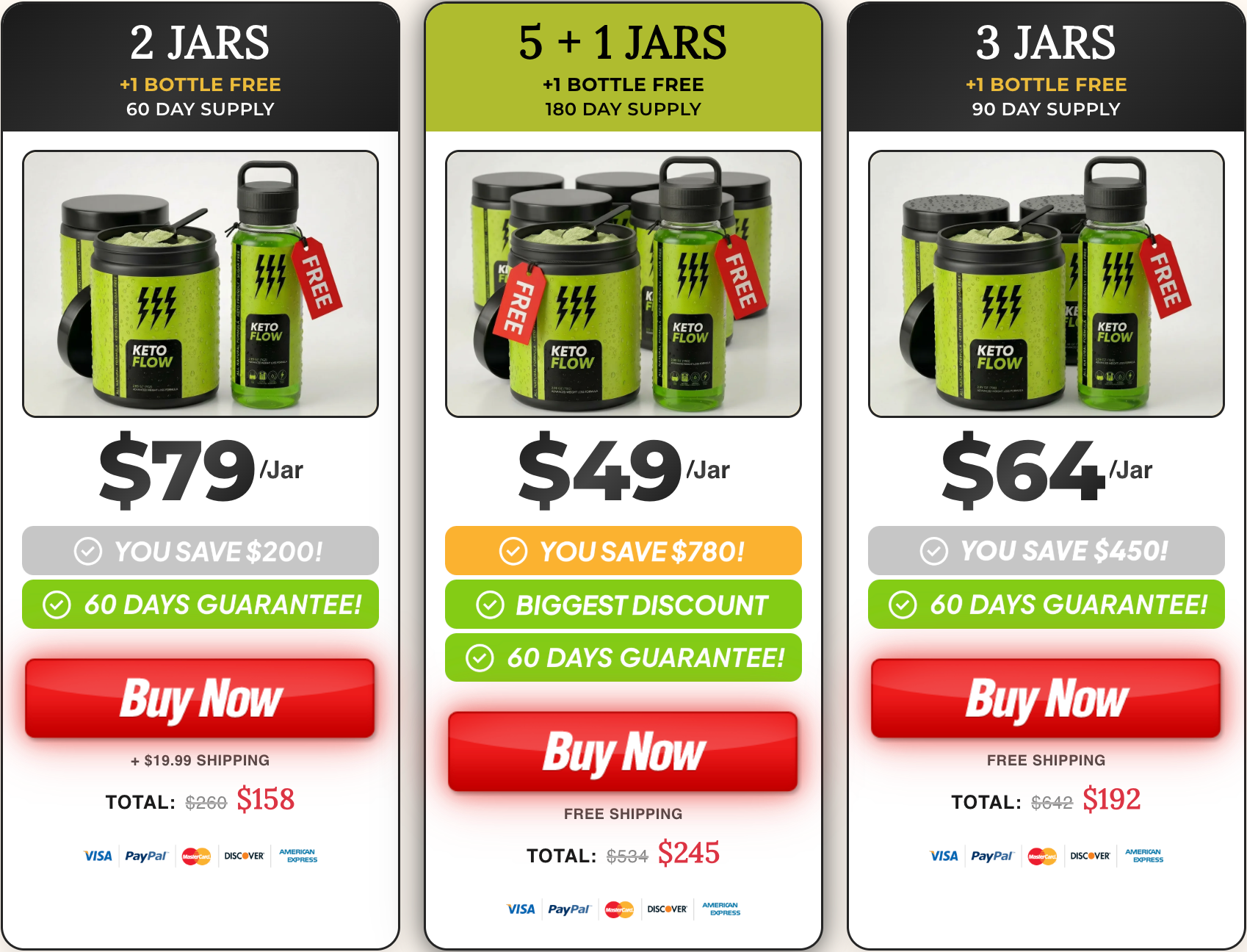 KetoFlow pricing — 2 jars, 5+1 jars best value, and 3 jars bundles with free bottle